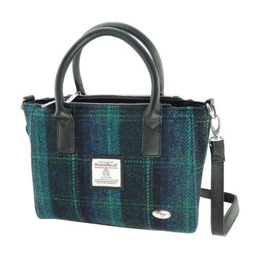 GA-LB1228-COL119 Harris Tweed 'Brora' Small Tote Bag by Glen Appin Turquoise Overcheck Keilys.com