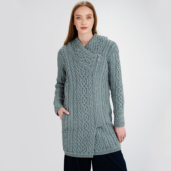 ML144-113 Irish Cable Knit Merino Hooded Coat Skylight Grey Color Front View Keilys.com