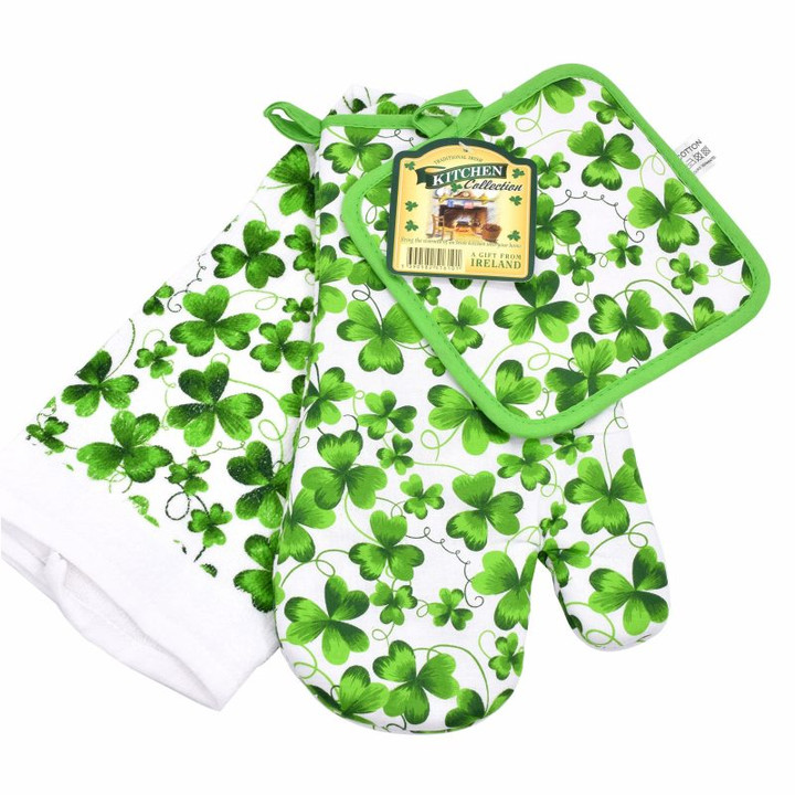 JCW-51610 Shamrock Tea Towel, Oven Glove And Pot Holder Set Keilys.com
