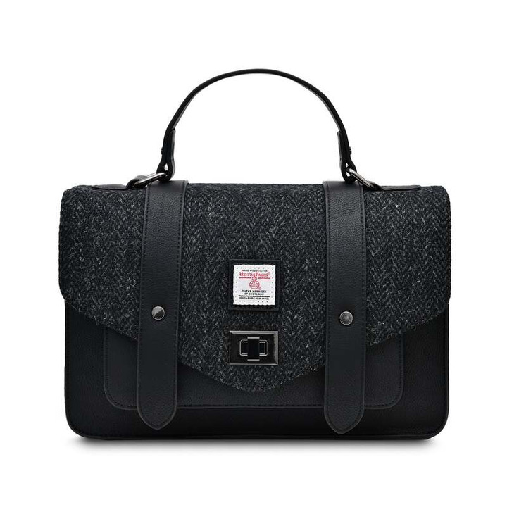 ISL-8333BLAHBL00  Handcrafted Harris Tweed Large Satchel Black Herringbone color Keilys.com