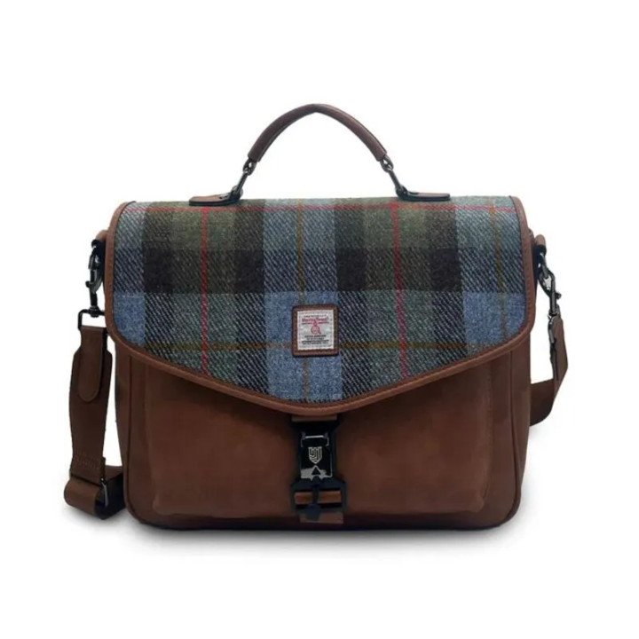 ISL-4537CBLTTL00 Islander Leather & Harris Tweed Briefcase Chestnut and Blue Color Keilys.com