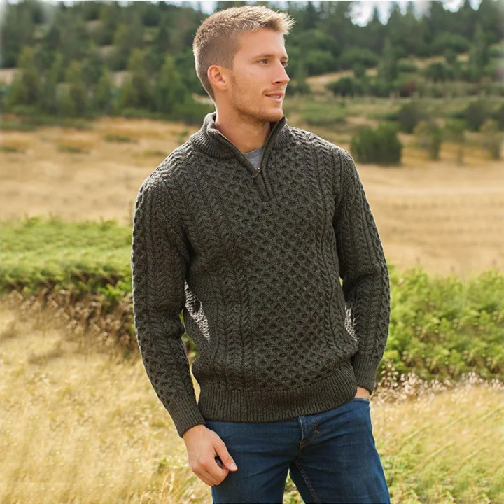 OAC-2507ARM Merino Wool Men's Aran Half Zip Sweater Army Green Color Keilys.com