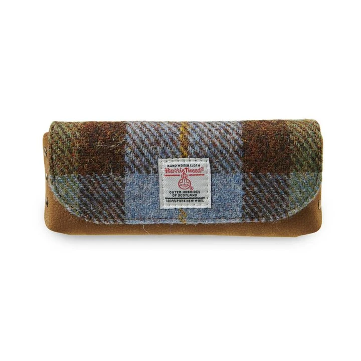 ISL-9600 Harris Tweed & Leather Glasses Pouch Chesnut  Blue Tartan Keily's.com