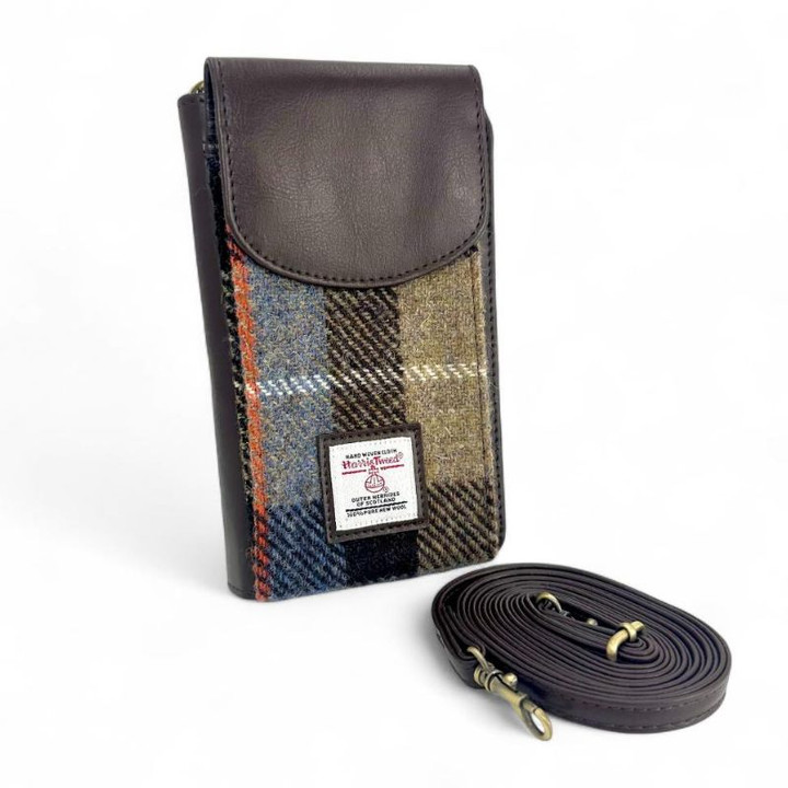 MCS-MAC2511-BLUE BROWN Handwoven Harris Tweed Crossbody Phone Bag Keilys.com