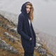 Aran Ladies Open Front Long Cardigan with Hood Navy Keilys.com