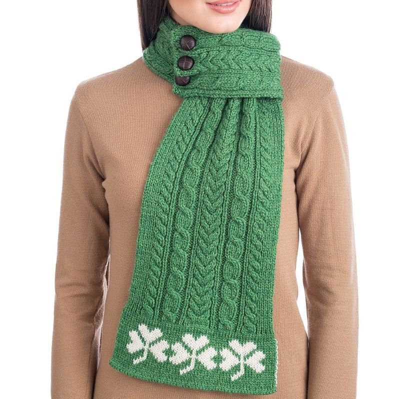 Women Aran Loop Knit Scarf with Shamrock Design | SAOL