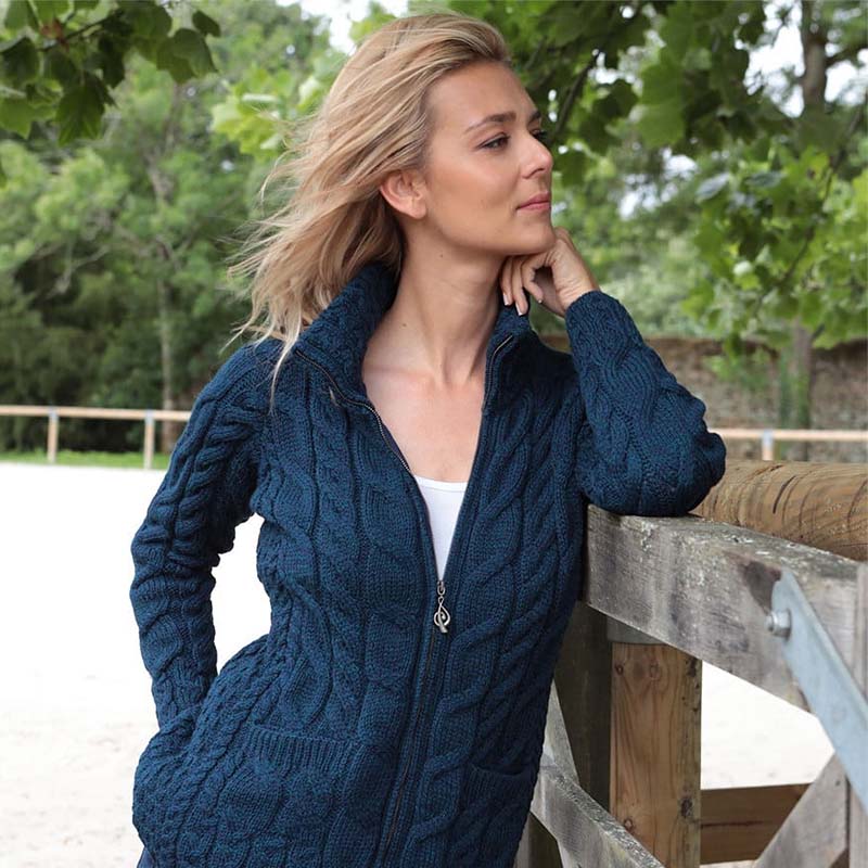 Irish Shaped Zipper Wool Cardigan with Mock Turtleneck | Keilys.com