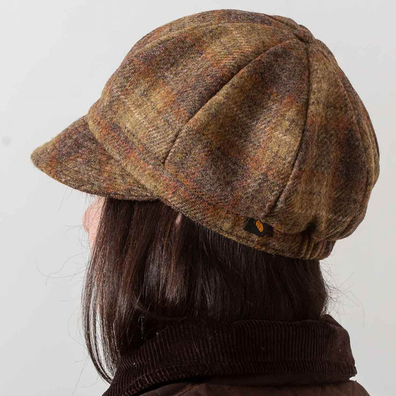 Plaid Damen Newsboy Hut Aus Irischer Wolle – Made In Irland, Mit Lederrosette, Einheitsgröße, Sunset Harvest Brown