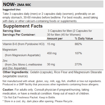 NOW Foods ZMA Sports Recovery Supplement Facts