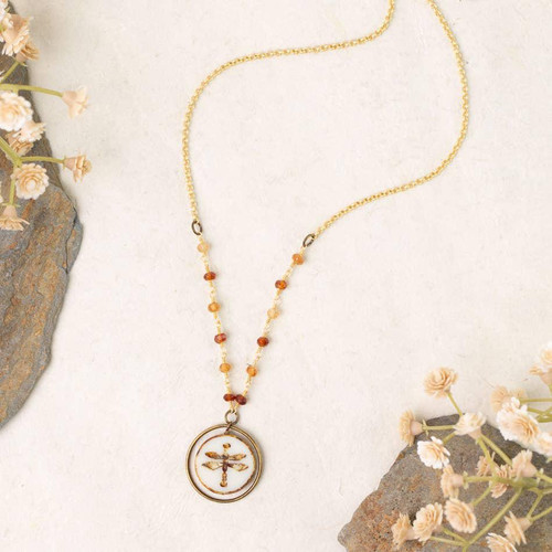 Enlighten 16-18" Czech Glass Dragonfly and Hessonite Garnet Simple Necklace