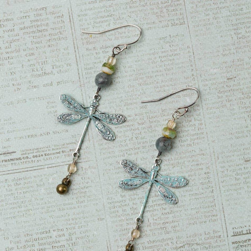 Wisdom Within Kyanite, Czech Glass with Patina Antique Silver Dragonfly Cluster Earrings
