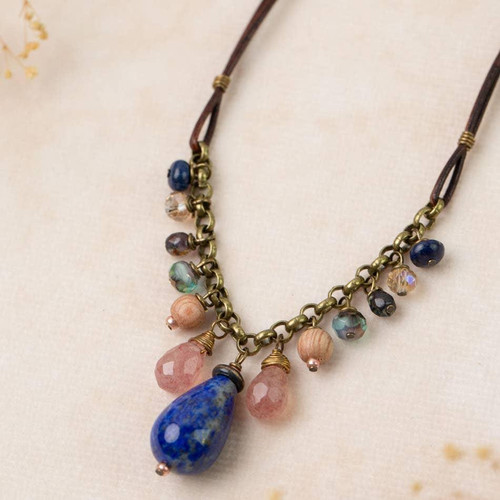 Storyteller 16-18" Strawberry Quartz, Lapis, Wood Cluster Necklace