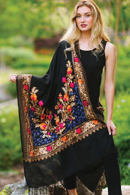 Black and Sapphire Karuna  Embroidered Wool Shawl