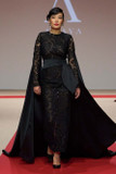 Embellished Sweeping Cape Sleeve Gown