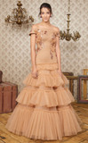 Ruffled Tiered Off Shoulder Gown