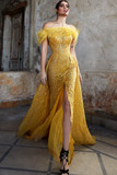 Feather Off Shoulder Gown