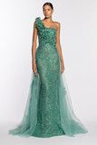 One Shoulder Beaded Gown with Overskirt