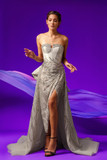 Oversized Back Bow Beaded Slit Gown