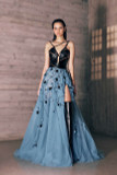 Floral Embroidered Tulle Slit Gown