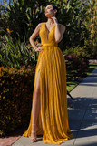 Gold Silk Chiffon Metallic Effect Gown