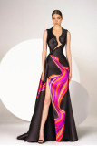 Asymmetric Neckline Printed Mikado Gown