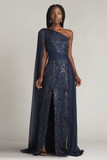 Ada Beaded One Shoulder Cape Sleeve Gown