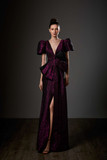 Brocade Short Puff Sleeve Slit  Gown