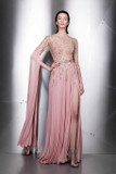 Draped Sleeve Embellished Slit Gown