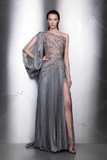 Draped Sleeve One Shoulder Slit Gown