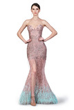Feathered Slit Gown with Cape