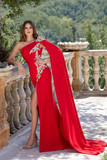 Embroidered Satin Gown with Cape Sleeve