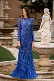 Long Sleeve Beaded  Tulle Gown