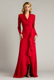 Textured Crepe V-Neck Long Sleeve Gown