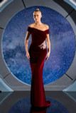 Embroidered Off Shoulder Velvet Gown