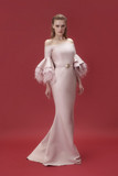 Off Shoulder Gown with Fringe Feathers