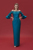 Embellished Satin Gown With Ruffled Sleeves