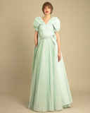 Puffed Shoulder Taffeta Gown with Belt