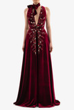 Embroidered A-Line Velvet Gown