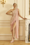 Draped One Shoulder Beaded Tulle Slit Gown