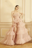 Ruffled Tulle Tiered Strapless Gown
