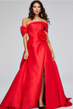 Off Shoulder Slit Gown with Flower Detail