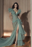 Wide V-Neck Slit Gown