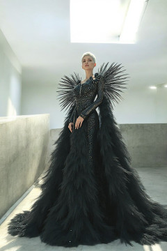 Sculpted Shoulder Feathered Gown Sculpted Shoulder Feathered Gown