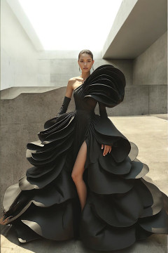 Sculpted Sleeve Ruffled Gown