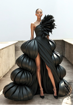 A-Line Feathered Shoulder Gown