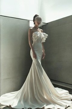 Strapless Banded Ruffle Bodice Gown