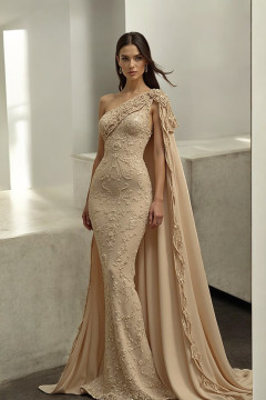 Detailed One-Shoulder Cape Gown Detailed One-Shoulder Cape Gown