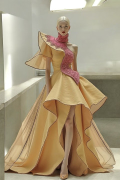 High Neck Sculpted Sleeve Gown