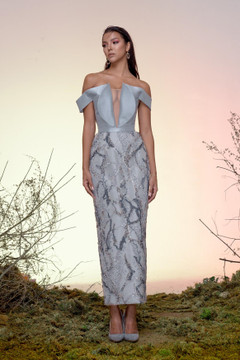 Off Shoulder Silk Gazar Beaded Lace Gown