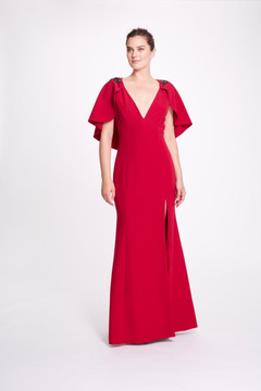 Short Sleeve V-Neck Stretch Crepe  Gown